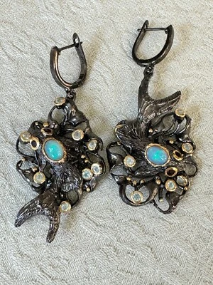 Pendientes únicos peces oro plata rodio negro ópalo de fuego 925SS Foto 1 de 4