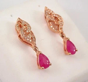 2.20Ct Pear Cut Lab Created Ruby Drop/Dangle Women Earrings 14K Rose Gold Plated - Picture 1 of 7