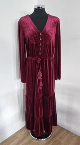 Joe Browns Maxi Dress Size 16 Burgundy Red Velvet Embroidered Tiered Boho V Neck - Picture 1 of 8