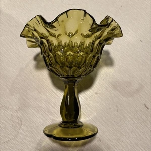 Vintage Fenton Green Ruffled Rim Thumbprint Compote Pedestal Candy Dish 6” Tall - Picture 1 of 8