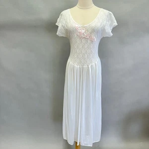 Camisón vintage años 90 Gloria Vanderbilt blanco encaje y satén midi largo talla 1X - Imagen 1 de 11