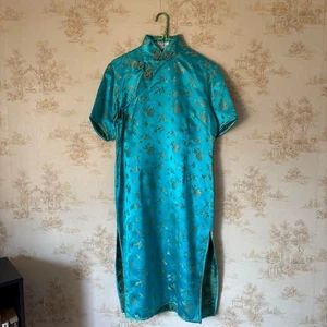 Vintage Begonia Blume blau und grün Blumen Satin Cheongsam Qipao Midikleid - Bild 1 von 7
