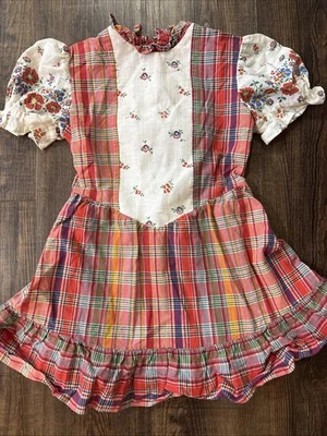 Vestido Vintage Años 60 70 Niñas 5 Cuadros y Flores Vacaciones Pradera Naranja Colegiala Foto 1 de 4