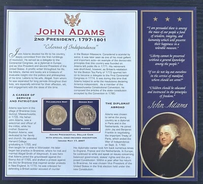 BRADFORD EXCHANGE 2 UNCIRCULATED PRESIDENTAL $1 COINS JOHN ADAMS 2007 - Image 1 of 4