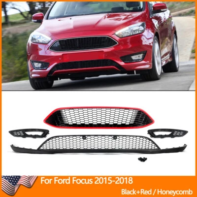For 15-18 Ford Focus Front Upper + Lower Grille Valance Panel + Fog Light Grill - Image 1 of 4