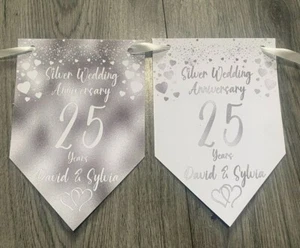 Personalised Decoration Wedding Anniversary Party Banner Bunting Silver 25th - Picture 1 of 16
