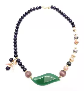 Collana madreperla opale rosa centrale foglia agata verde argento sterling - Foto 1 di 8
