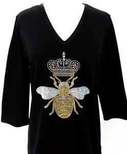 1X 2X 3X Short or 3/4 Sleeve Rhinestone Bling Queen Bee Golden Crown Black Top - Picture 1 of 5