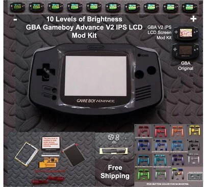 10 Level Brightness GBA V2 IPS LCD Mod Kit w/glass lens - Black - Image 1 of 4