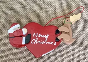 Vintage Santa Claus Reindeer Heart Christmas Ornament Rustic Farmhouse Cottage - Picture 1 of 3