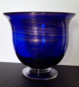 Vintage Cobalt Blue Footed Vase - Bowl Gold Swirl Art Glass 6.5" T x 7" W - Picture 1 of 15