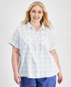 Tommy Hilfiger Plus Size Cotton Plaid Textured Camp Shirt- Bright White Multi 2X - Picture 1 of 1