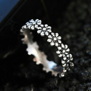 Simple Black Silver Daisy Flower Ring Women Stackable Ring Party Jewelry Size6-9