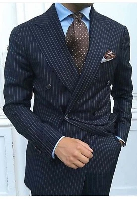 Men Navy Blue Stripes Suit Designer Grooms Wedding Dinner Suits (Coat+Pants) - Image 1 of 2