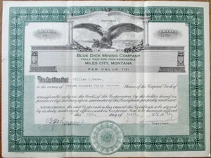 Miles City, MT 1946 Stock Certificate: 'Blue Dick Mining Company' - Montana Mont - Picture 1 of 1