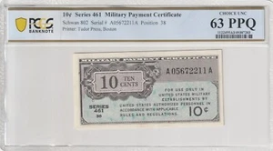 Military Payment Currency 1946 10 Cents PCGS Certified Banknote UNC 63 PPQ 461 - Picture 1 of 2