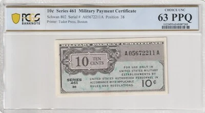 Military Payment Currency 1946 10 Cents PCGS Certified Banknote UNC 63 PPQ 461 - Image 1 of 2