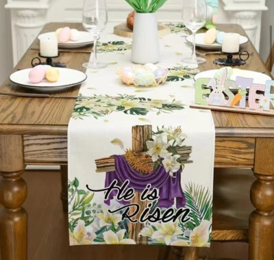 He Is Risen Table Runner Easter Christian Cross Resurrection Lily Spring Mantel - Image 1 of 3