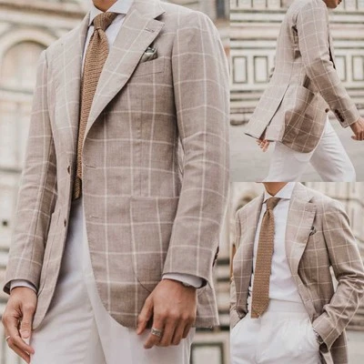 Men Light Brown Suit Check Notch Lapel Jacket Single Breasted Tuxedo Business - Image 1 of 4
