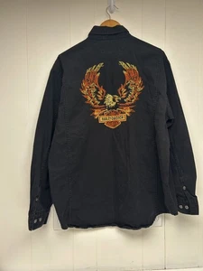 Harley-Davidson Shirt Men's L Black Long Sleeve Button Up Embroidered Eagle VTG - Picture 1 of 16