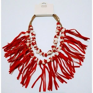 Mia Collection Red Suede Fringe & Shell Statement Bib Necklace - Picture 1 of 6