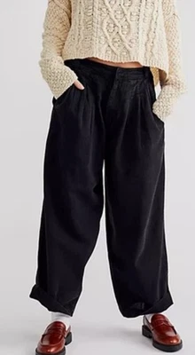FREE PEOPLE Lotta Love Linen Trousers Pants Black Wide Leg NWT M 10 $128 - Image 1 of 4