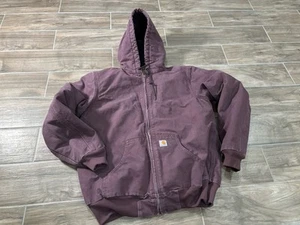 VINTAGE Carhartt Jacket Womens L Purple Hooded Full Zip Quilted Canvas WJ130 Dpm - Picture 1 of 7