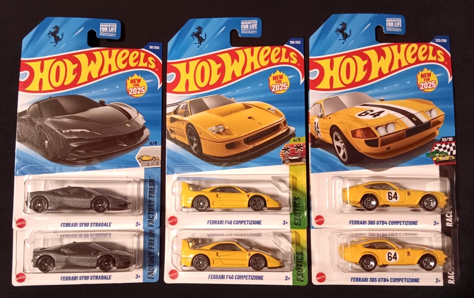 2025 Hot Wheels GREY FERRARI SF90, Yellow F40 COMPETIZIONE, 365 GTB4 COMPETIZION - Image 1 of 1