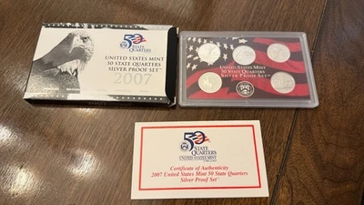 Juego de 5 monedas de plata de prueba 2007 de la Casa de la Moneda de Estados Unidos | Cuartos de Estado (con certificado de autenticidad) Foto 1 de 3