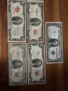 5 Note Lot - 1935A Silver Certificate, 1928G $2, 1953B Misprint $2, 1963 $2 & $5 - Picture 1 of 2