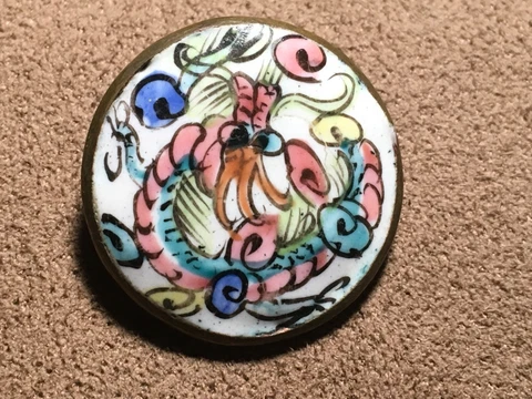 Antique Button Hand Painted Chinese Double Enamel Sea Monster Lobster Octopus Cover