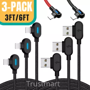 3PACK 3/6Ft 90 Degree Charger Cable Cord Heavy Duty For iPhone 14 13 12 X XR 8 7 - Picture 1 of 14