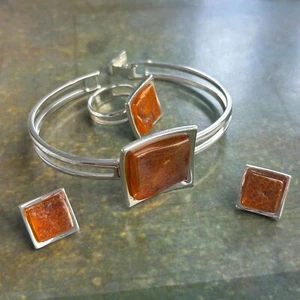 Gepunzt STERLING SILBER 925 Bernstein GDANSK Armband Ring Ohrring Set AD Polen - Bild 1 von 14