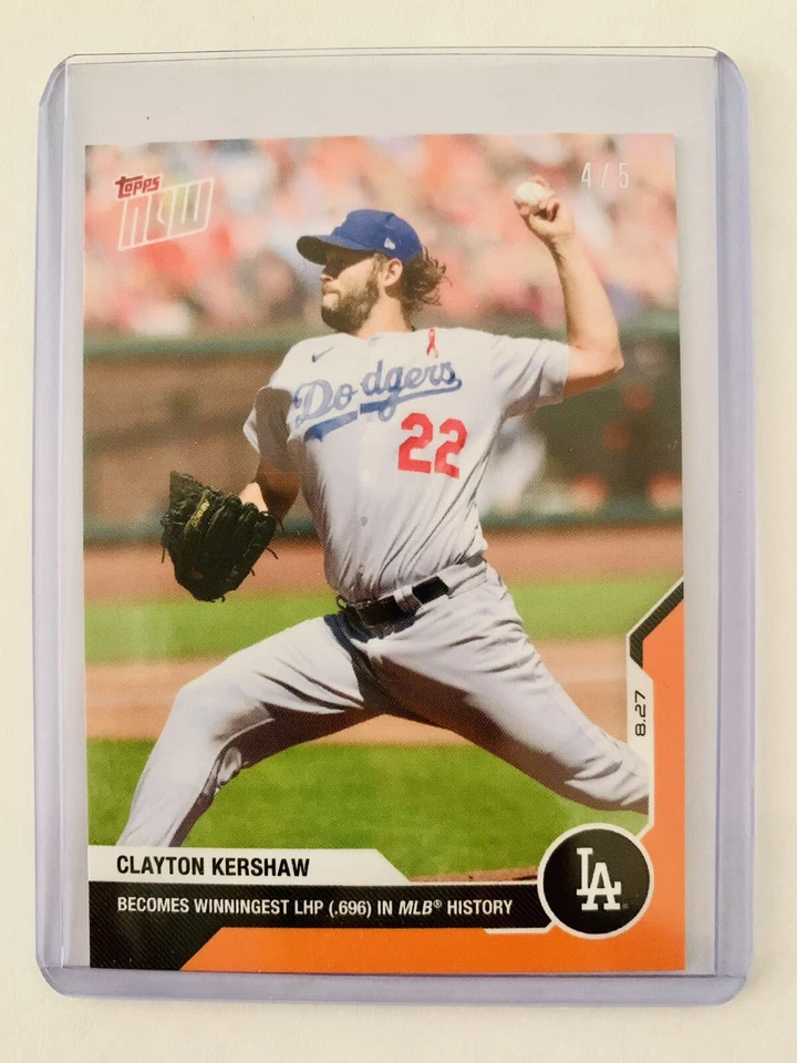 2020 Topps Now #167 Clayton Kershaw Winningest LHP .696 MLB History Orange 4/5 - Image 1 of 2