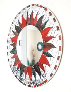 Round red & black mosaic sun design wall mirror, hand made in Bali, 50cm-NEW - Picture 1 of 7