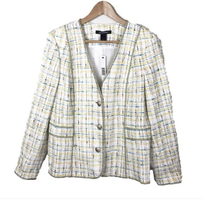 NWT $498 ELLEN TRACY Size 12 Tweed Jacket White Yellow Blue Plaid Button Up  - Image 1 of 4
