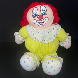 Muñeca de peluche suave payaso amarillo vintage 16" relleno hilo rojo pelo corazones blandos - Imagen 1 de 6