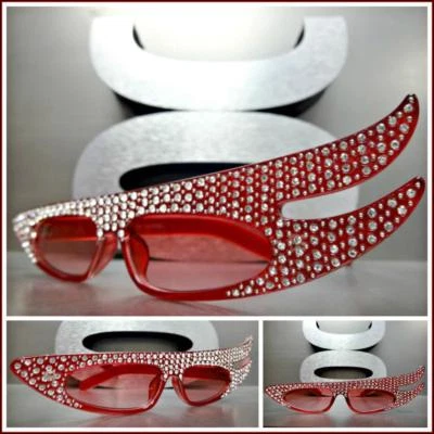 Unique Funky RETRO Style SUN GLASSES Red Frame Clear Bling Crystals Rhinestones - Image 1 of 4