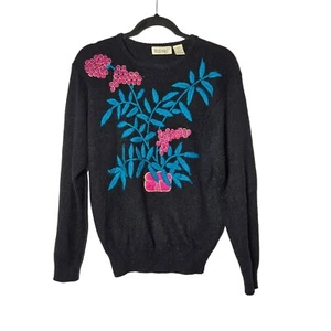 Vintage That's Me! Suéter Negro Bordado Floral Talla Pequeña Grannycore Otoño - Imagen 1 de 9
