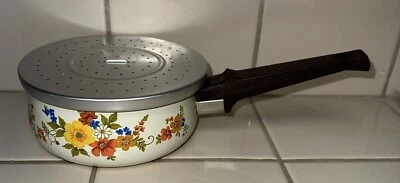 JMP Sweet Flowers Sauce Pan Enamel Enamelware 1-1/2 Qt Vintage Floral Cookware - Image 1 of 4