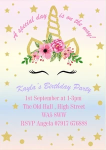 PERSONALISED UNICORN BIRTHDAY PARTY INVITATIONS GIRLS CARD INVITES - Picture 1 of 3