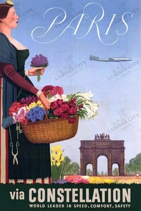 Paris via Constellation 1949 Airline Travel Poster France Wall Art Print - Picture 1 of 6