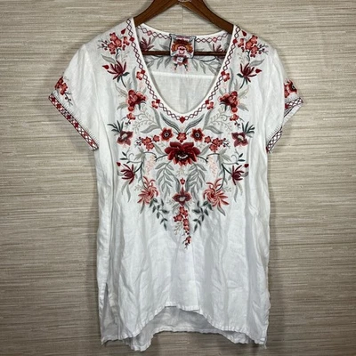 Johnny Was Embroidered Linen Tunic Top Boho Floral Short Sleeve V Neck M - Image 1 of 4