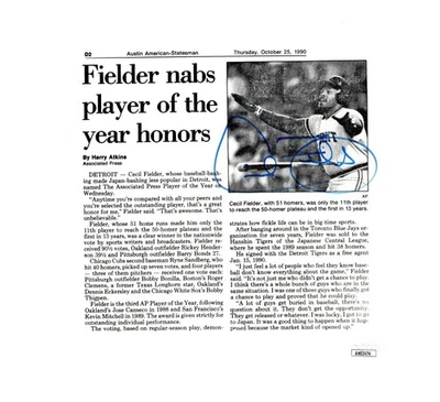 Cecil Fielder Signed Autograph Newspaper Article 1990 Detroit Tigers JSA AH03474 - Image 1 of 4