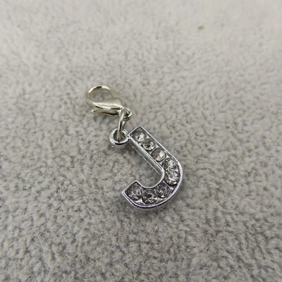 RHINESTONE Initial LETTER J Charm Zipper Pull Keychain Add On Clip Silver Tone - Image 1 of 4