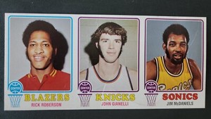 1973-74 Topps uncut proof panel Roberson, Gianelli Knicks, McDaniels, blank back