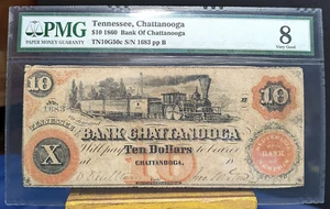 1860 $10 Bank of Chattanooga, Tennesse PMG 8 Very Good - Colorful Train Note! - Picture 1 of 2
