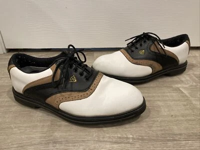 Sapatos de sela de couro Dunlop golfe com logotipo dourado M4200C masculino tamanho 8 LIMPO! - Imagem 1 de 4