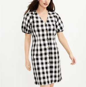 LOFT Gingham Plaid Linen Rayon Button Up Dress Size 2 Black White V-Neck NEW - Picture 1 of 8