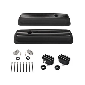 Black Finned Short Valve Covers & Air PCV Breather For SBC Chevy 327 350 1987-97 - Foto 1 di 12